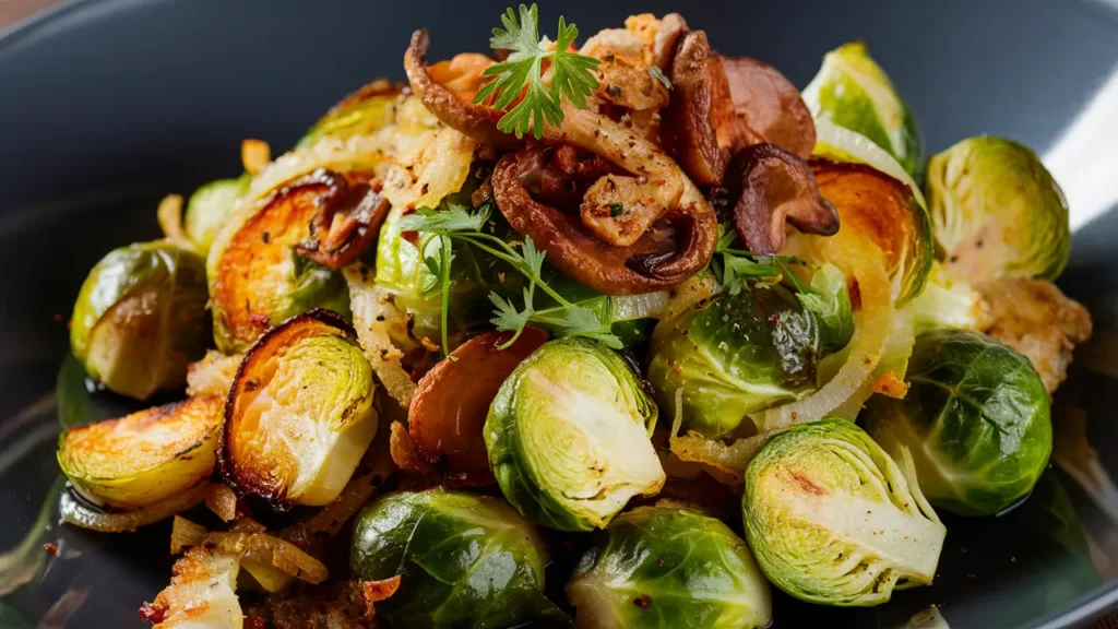 Roasted Brussels Sprouts and Onions with Mushroom Lardons