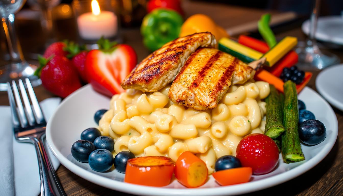 Mac and Cheese Chicken with Fruits and Vegetables